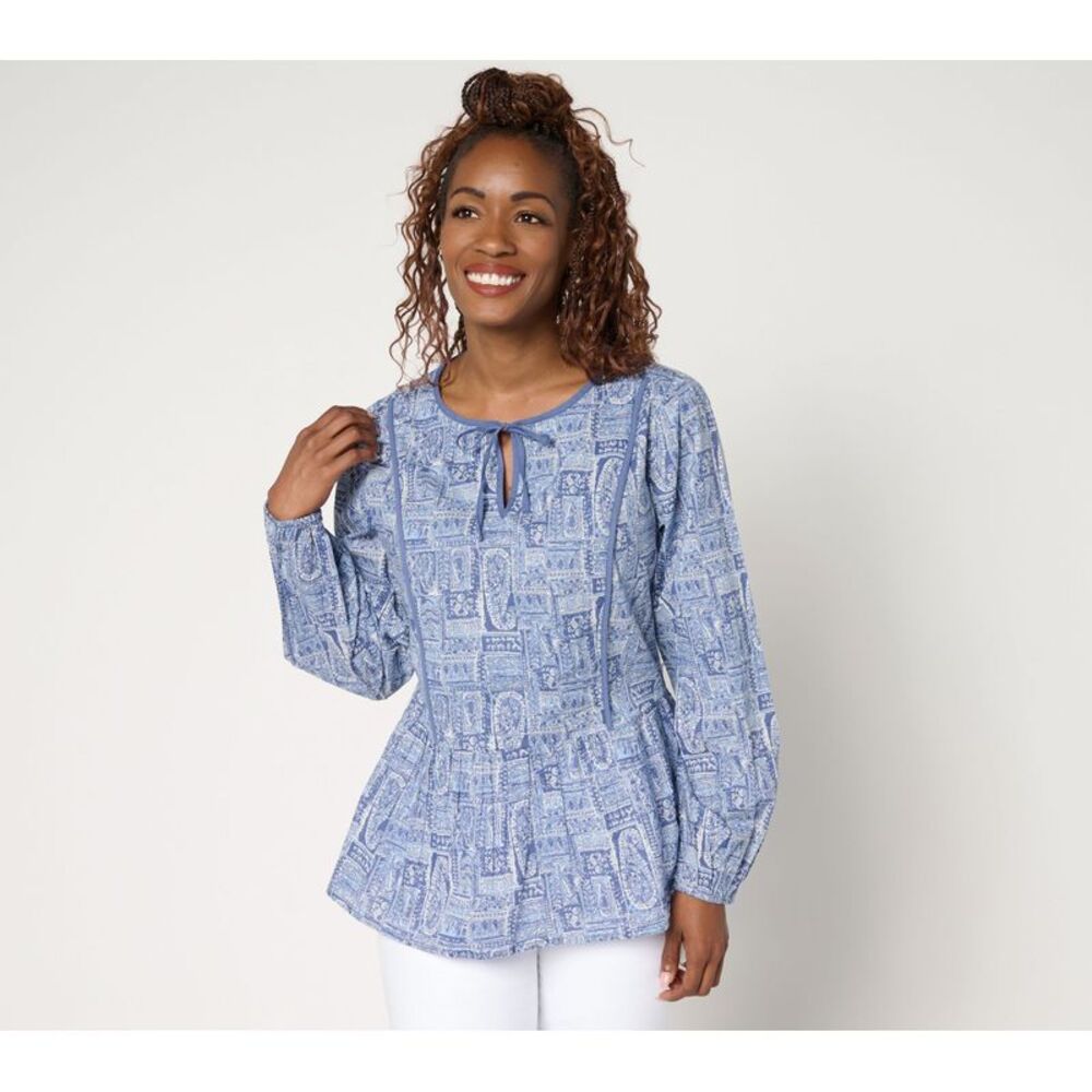 SUNNYLiFE Women's Top Plus Sz 1X 100% Cotton Printed Tie Neck Blouse Blue